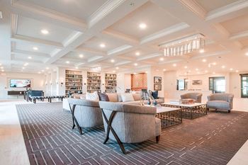 Spacious lobby area with library